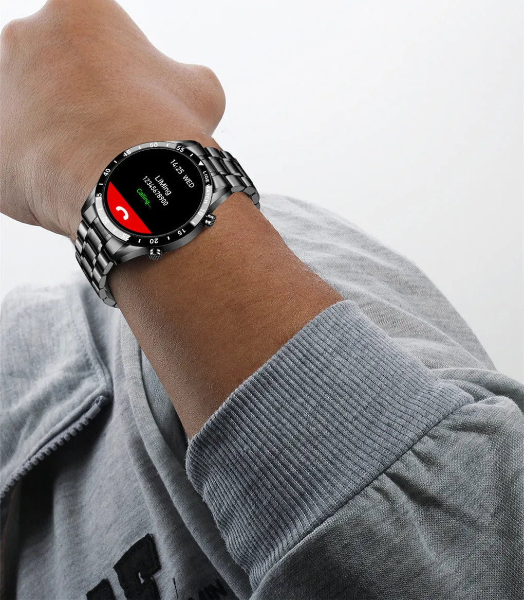 Stainless steel smart watch with 1.3-inch touchscreen display showing step count