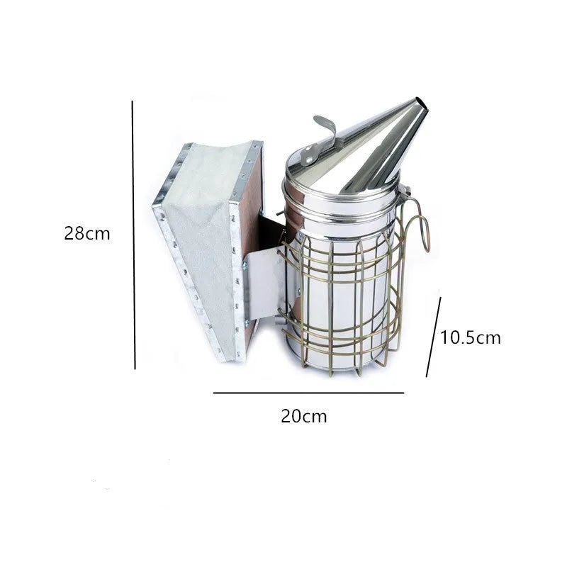 Manual smoke blower for beekeeping with stainless steel barrel and leather bellows