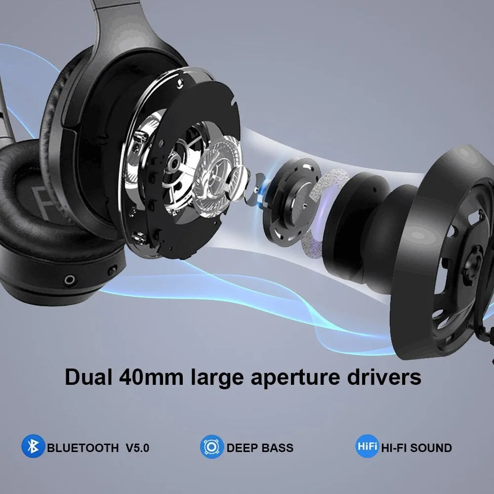 Black Gorsun E98 wireless Bluetooth headphones with over-ear design and memory-protein ear cushions