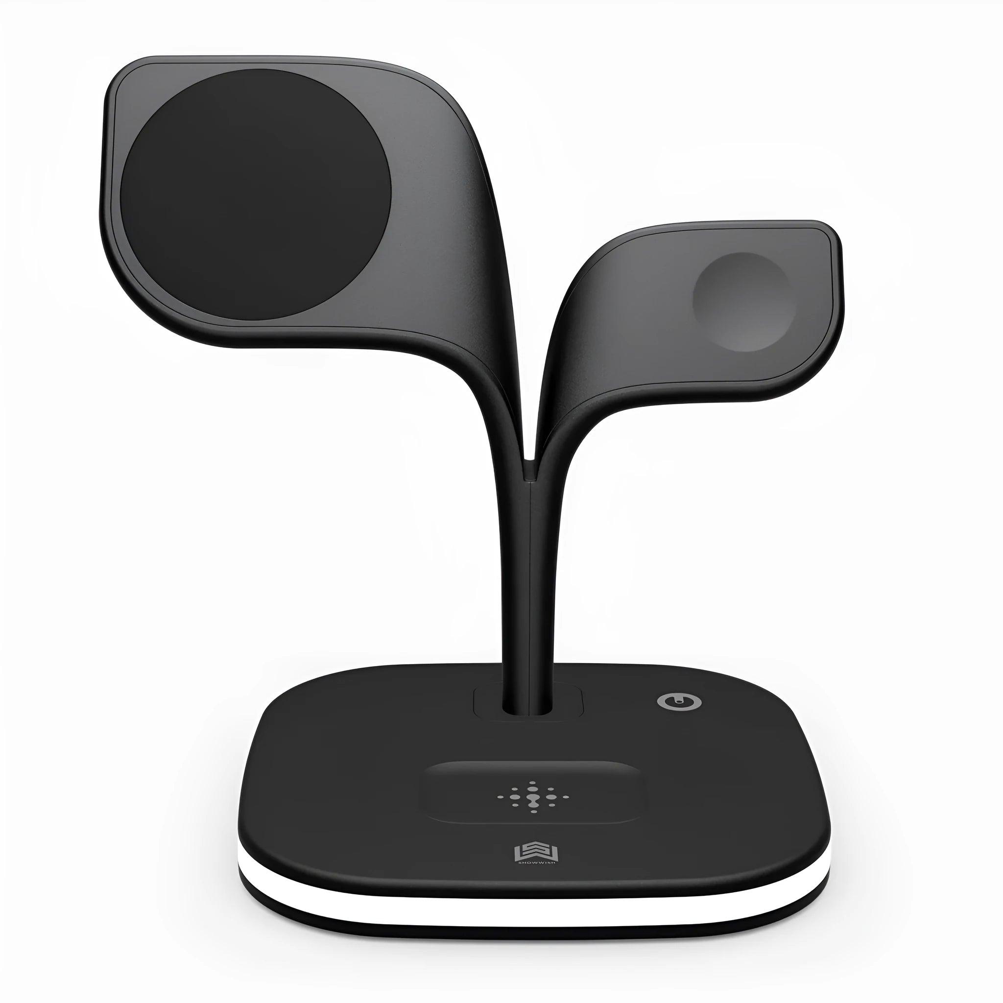 Black desktop wireless charging stand holding a mobile phone, a smartwatch, and wireless headphones.