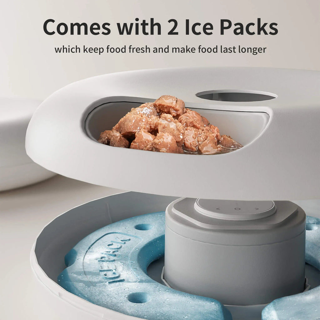 Donut Frost WiFi 6-meal automatic cat food dispenser with app control, two ice packs, and removable tray