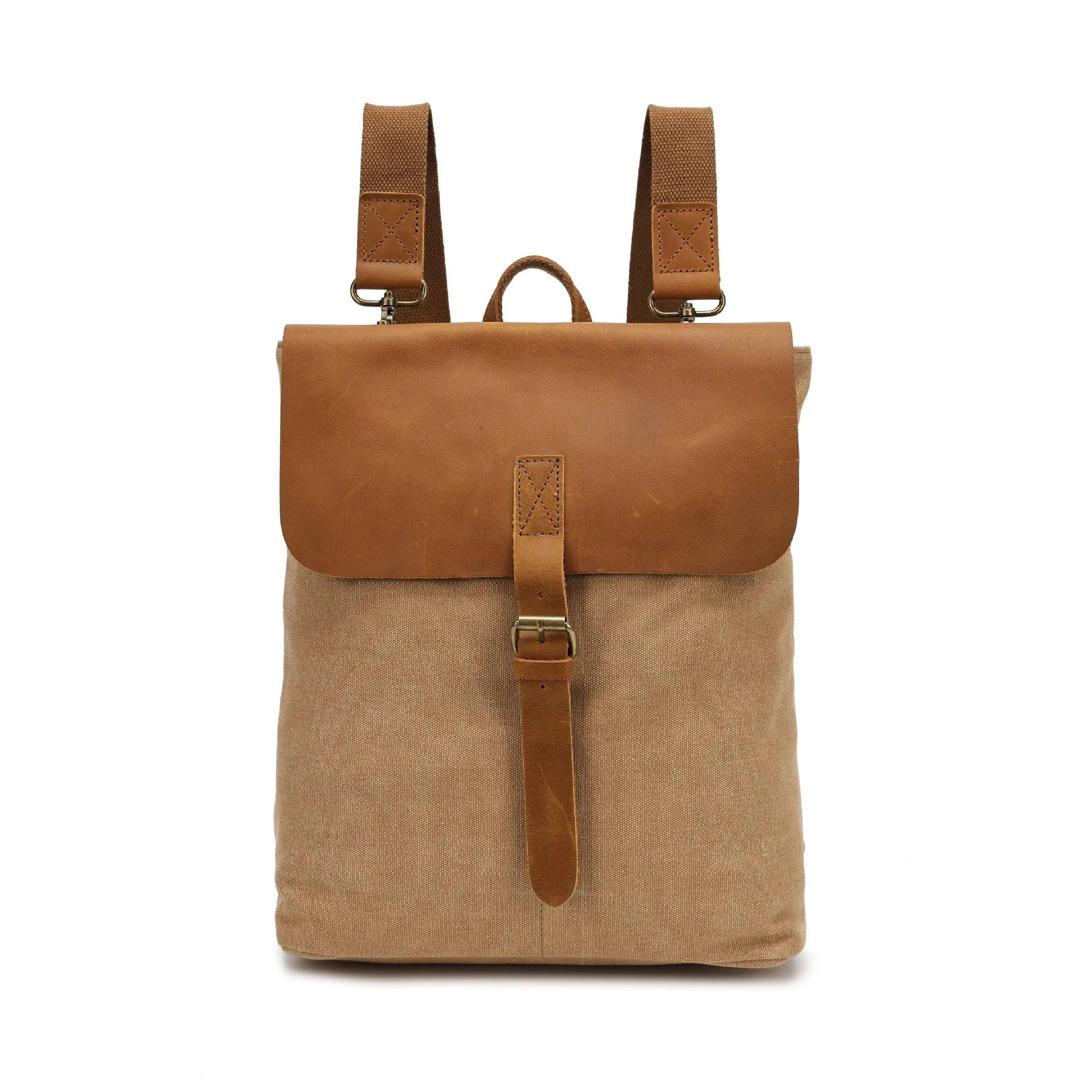 Canvas waterproof student backpack with spliced design, size 29x13x35cm, in brown colour