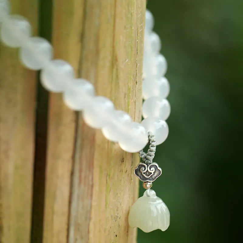 Women's S925 silver white agate Hetian jade bracelet national style geometric lotus design