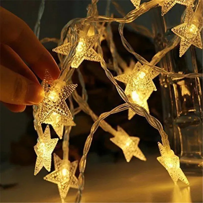 LED star light string with 20 warm white lights on 3m cable, glass shells, outdoor holiday decoration