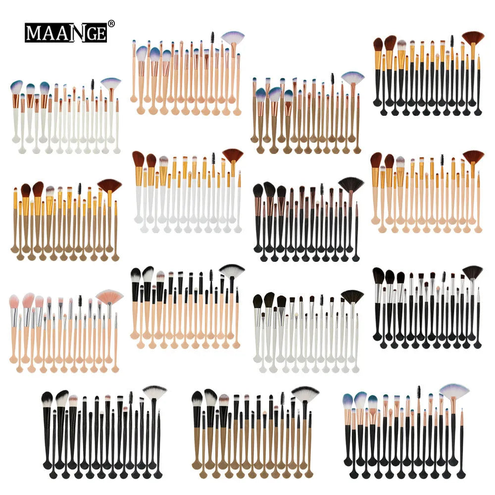 Cosmetic brush kit with nylon bristles and plastic handle, 14cm total length, available in black and gold colour option