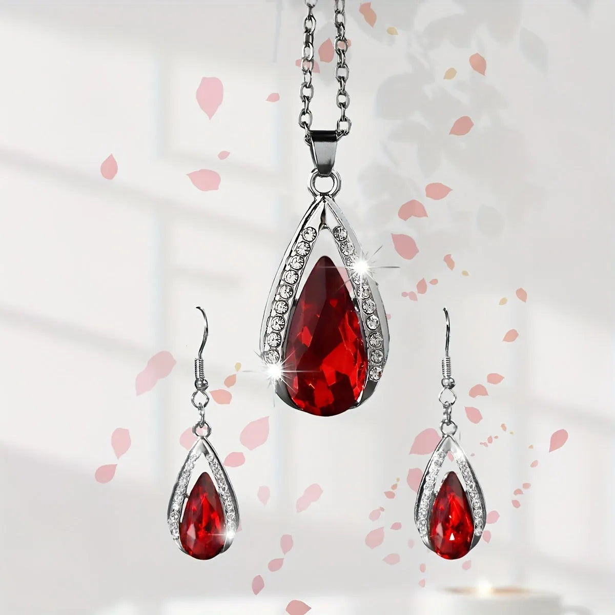 Black and red teardrop glass pendant necklace with matching earrings jewellery suite
