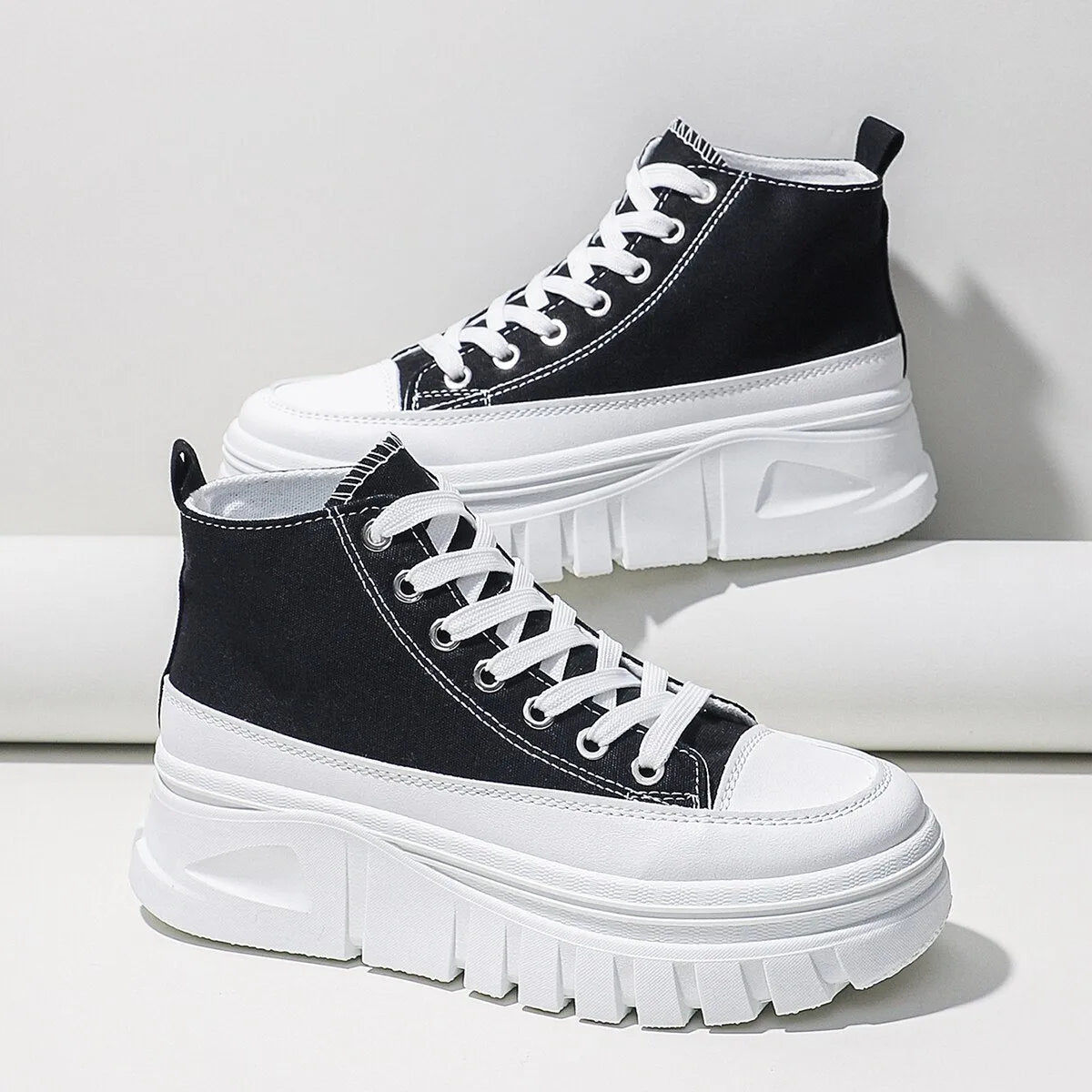 Women black lace-up high top flatform canvas shoes with height increasing insole and T-strap detail