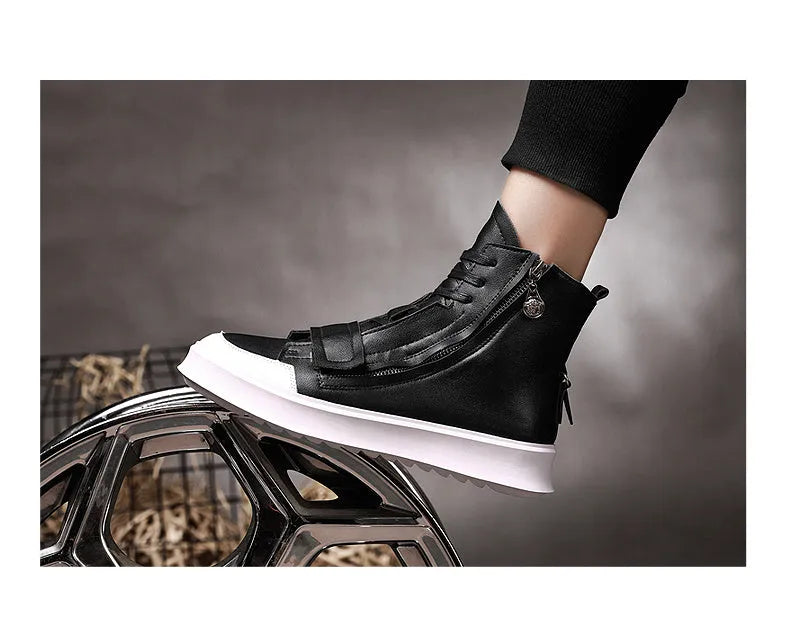 Men's black and white PU leather winter ankle boots in high-top sneakers style with microfiber construction