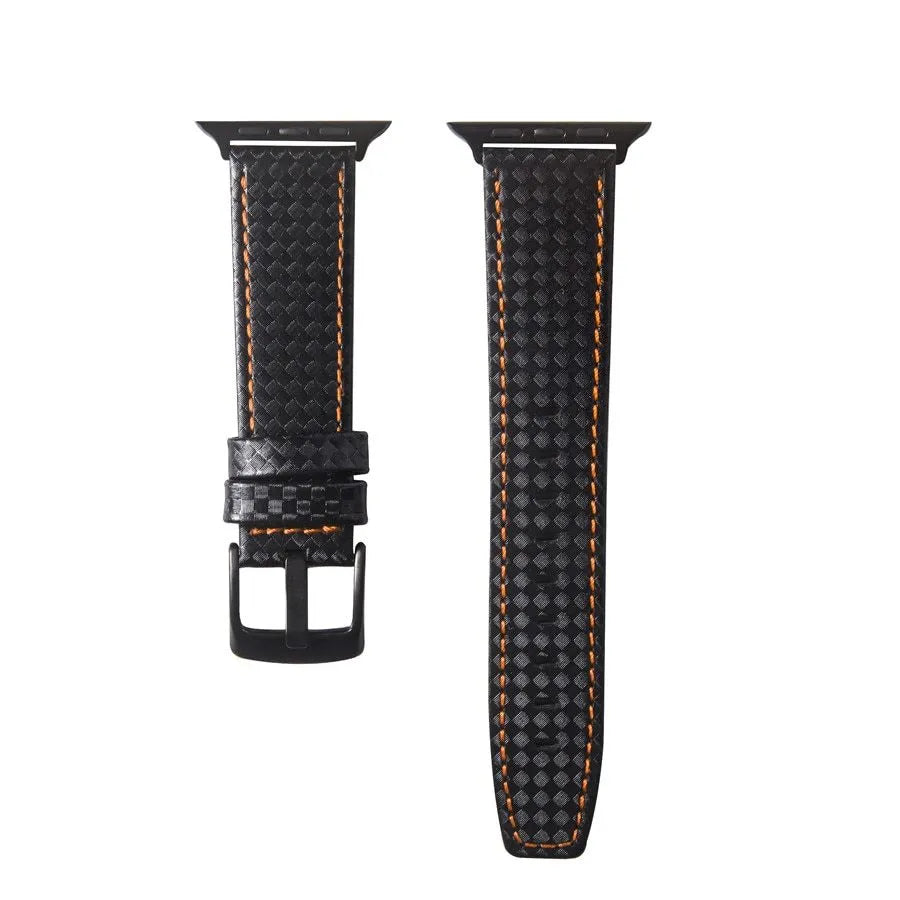 Carbon fiber leather watch strap with PC hard shell case for Apple Watch, available in black line colour, 42 44mm size