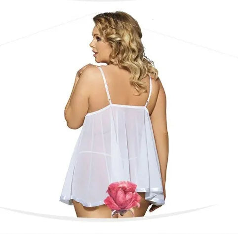 Women plus size polyester lace sleepdress in black with see-through mesh, size 6XL