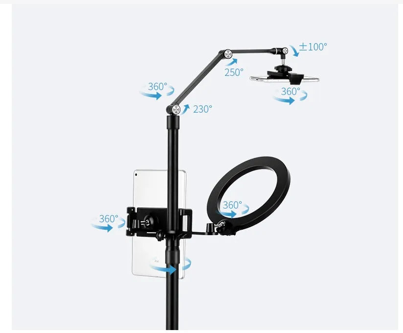 Black aluminium alloy and ABS mobile phone tablet stand with built-in fill light, folded vertical orientation on a table