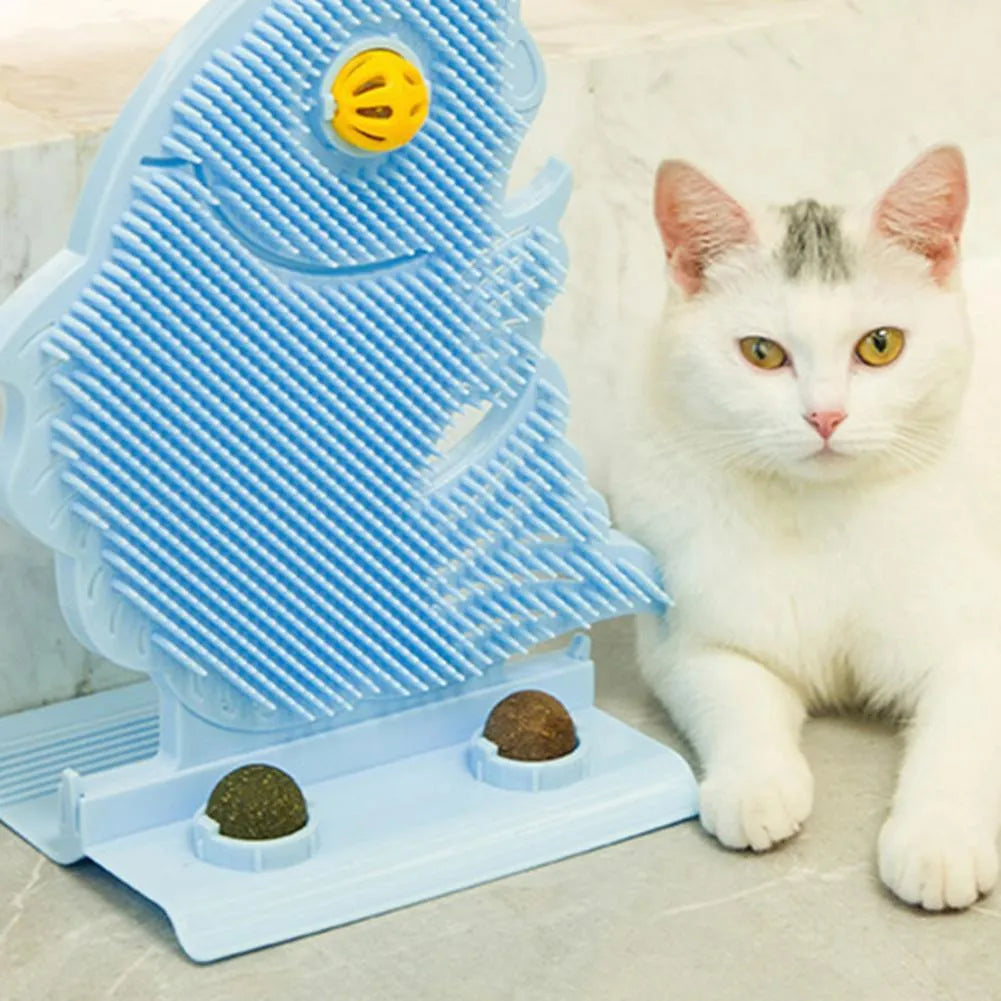 Cat toy fish-shaped wall scratcher with catnip ball and bell on wall, available in blue grey pink plastic 31cm