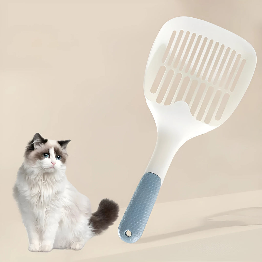 Cat litter shovel with large slot scoop for tofu litter, 30 cm long, in grey plastic