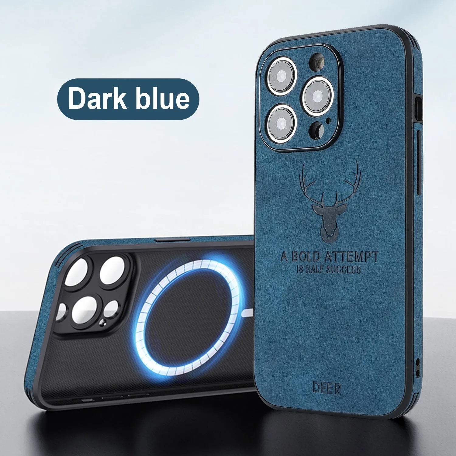 iPhone 16 magnetic charging case with embossed moose head design on imitation leather in multiple colour options