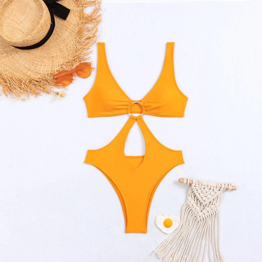 Women's black triangle one-piece swimsuit with sleeveless nylon construction on mannequin