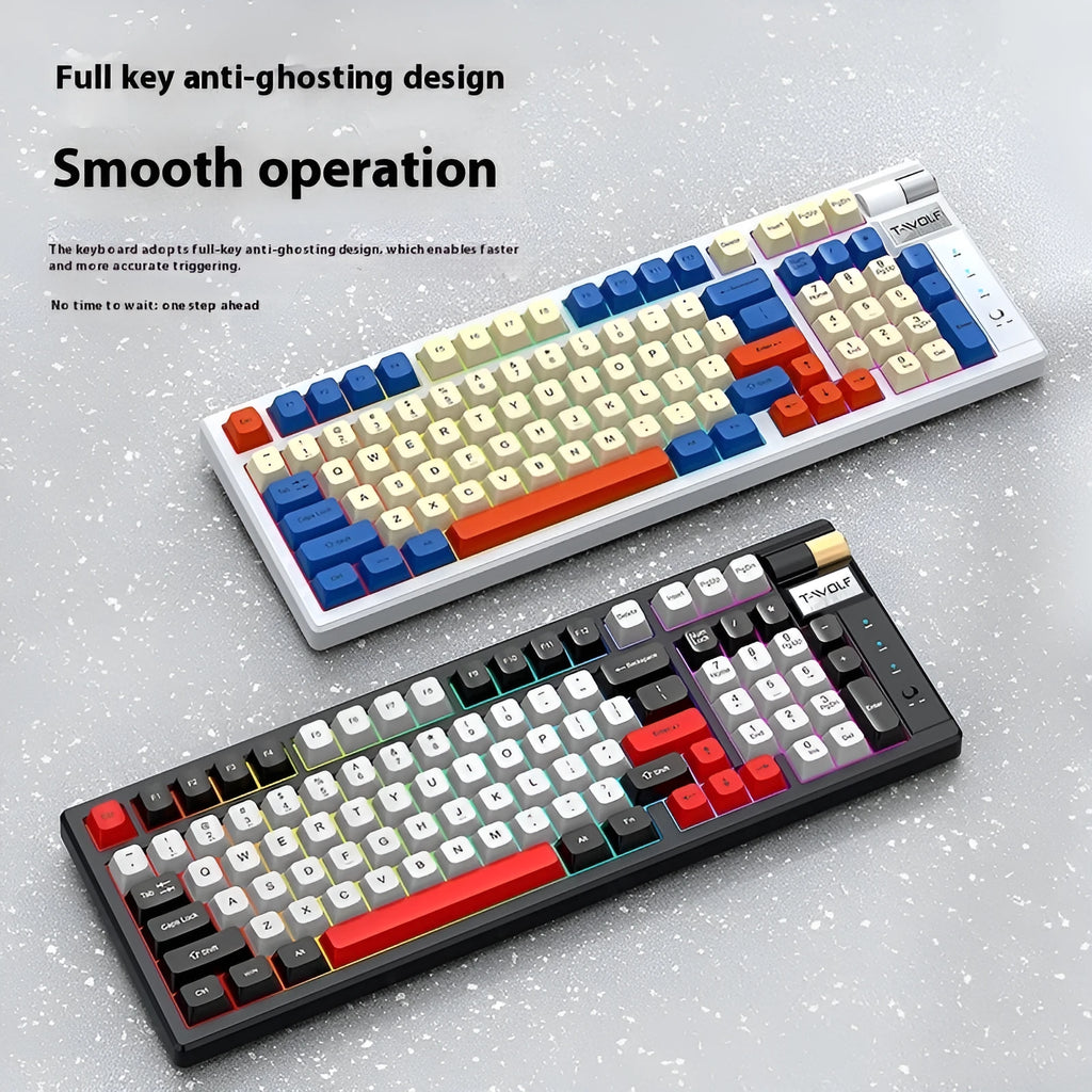 Bluetooth charging gaming mechanical keyboard in black and red colour, side view showing keys, 404mm width, with USB cable