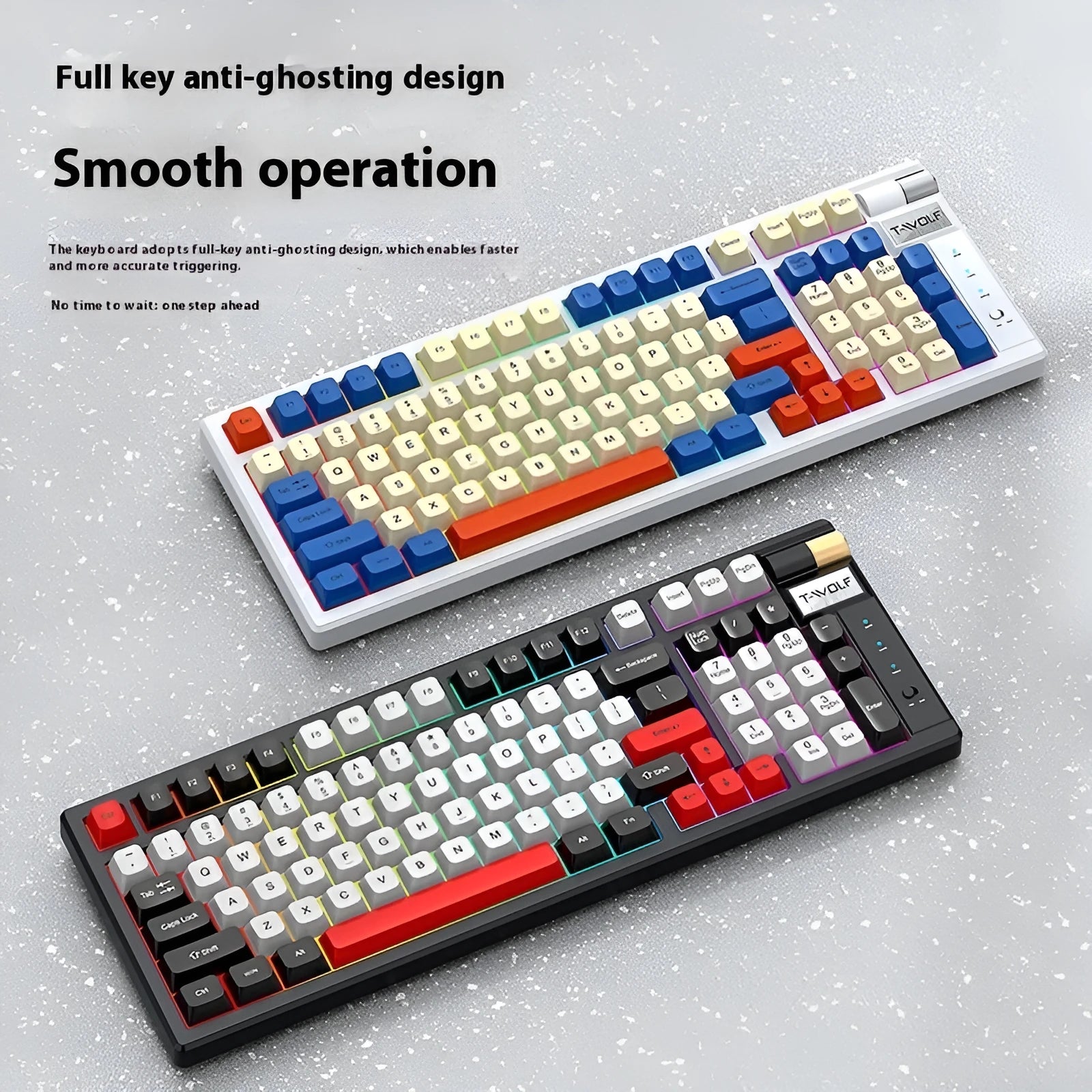 Bluetooth charging gaming mechanical keyboard in black and red colour, side view showing keys, 404mm width, with USB cable