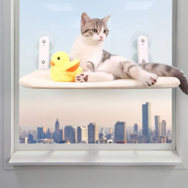 Stainless steel cat window seat cushion with suction cup mounting in foldable design