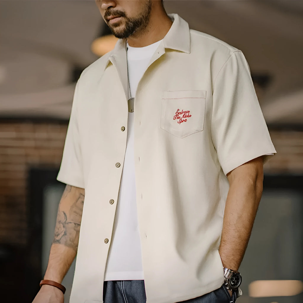 Men's light apricot Cuban collar shirt with bamboo and flower pattern, short sleeves