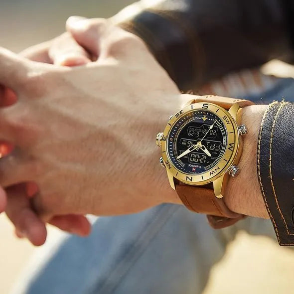 NAVIFORCE 9144 gold-tone men's analogue digital watch with leather strap on wrist showing dual time display