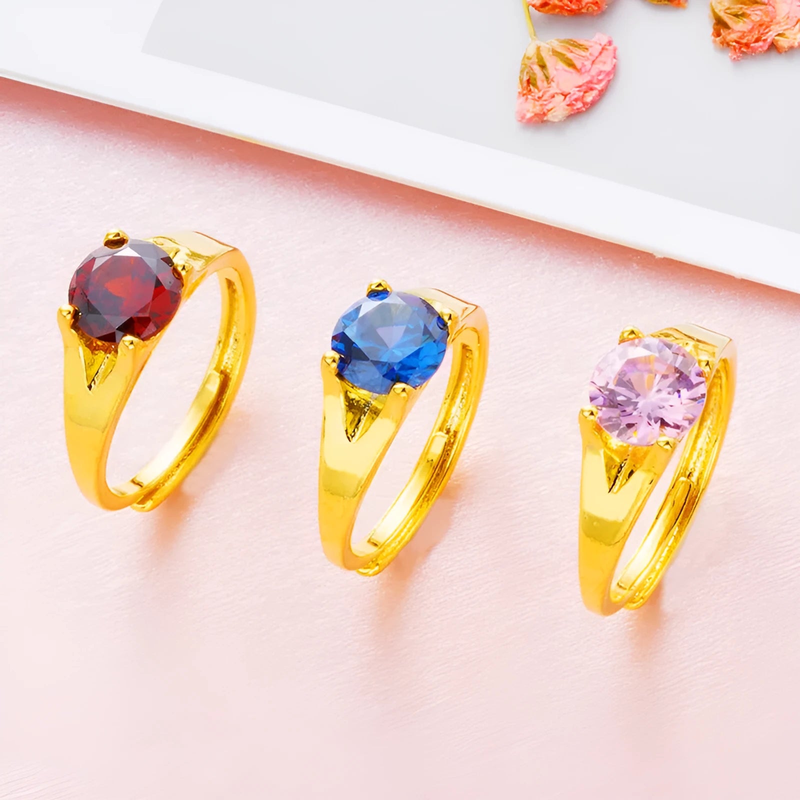 Women's Vietnam placer gold zircon ring in copper with adjustable opening, available in multiple colours