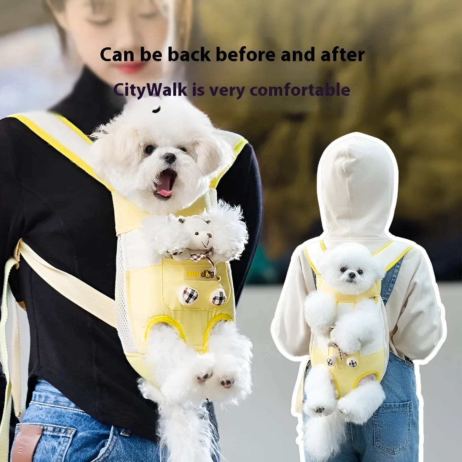 Cartoon pet bag for cats in soft canvas with adjustable ribbon straps and colourful stitching