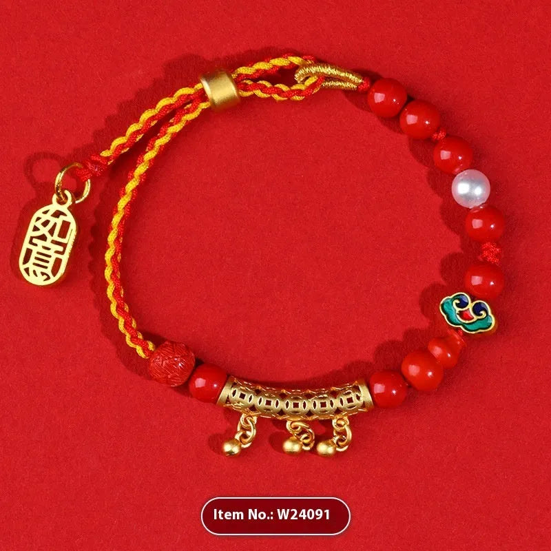 Hand-woven cinnabar red rope bell bracelet with round geometry style, women's national design
