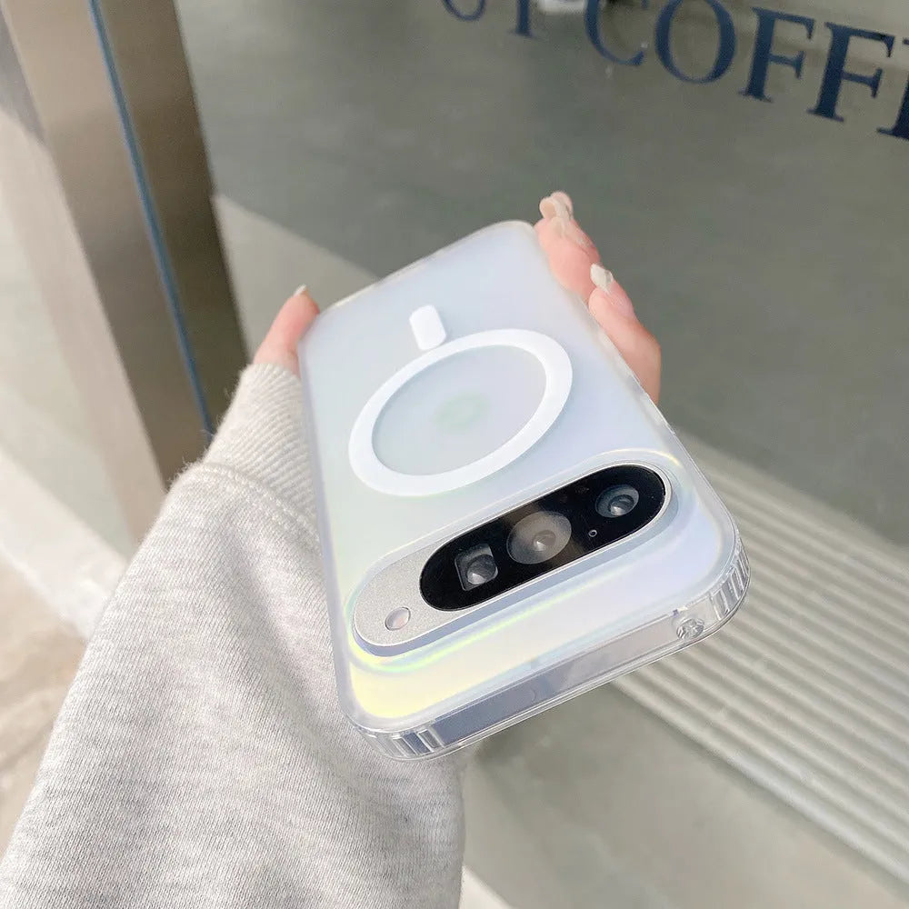 Transparent colourful frosted laser phone case for Google Pixel smartphones on a table