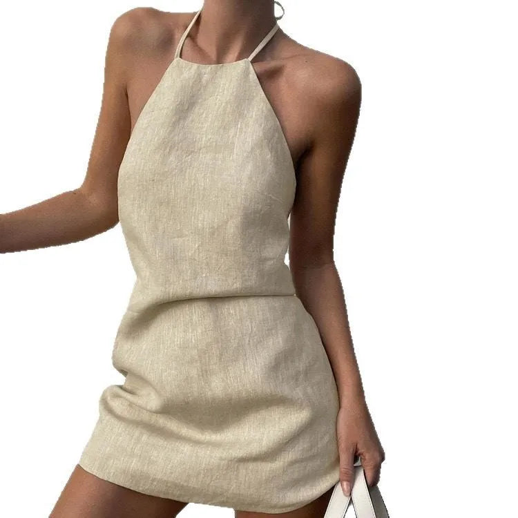 Women's summer linen A-line dress in solid colour, shown on model, available in sizes S M L