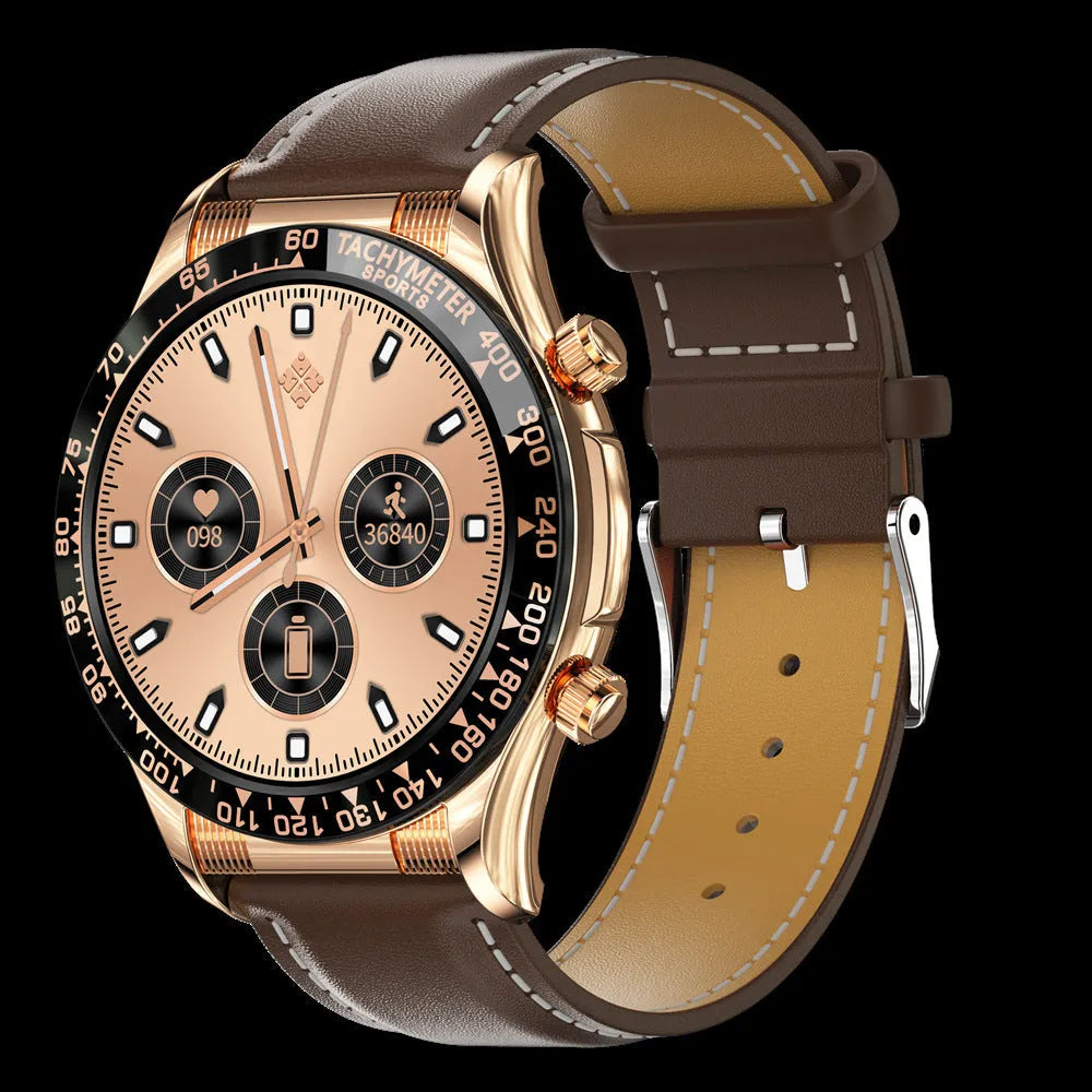 Men's business smart watch with Bluetooth calling, 1.32-inch IPS screen, zinc alloy case, and black silicone strap