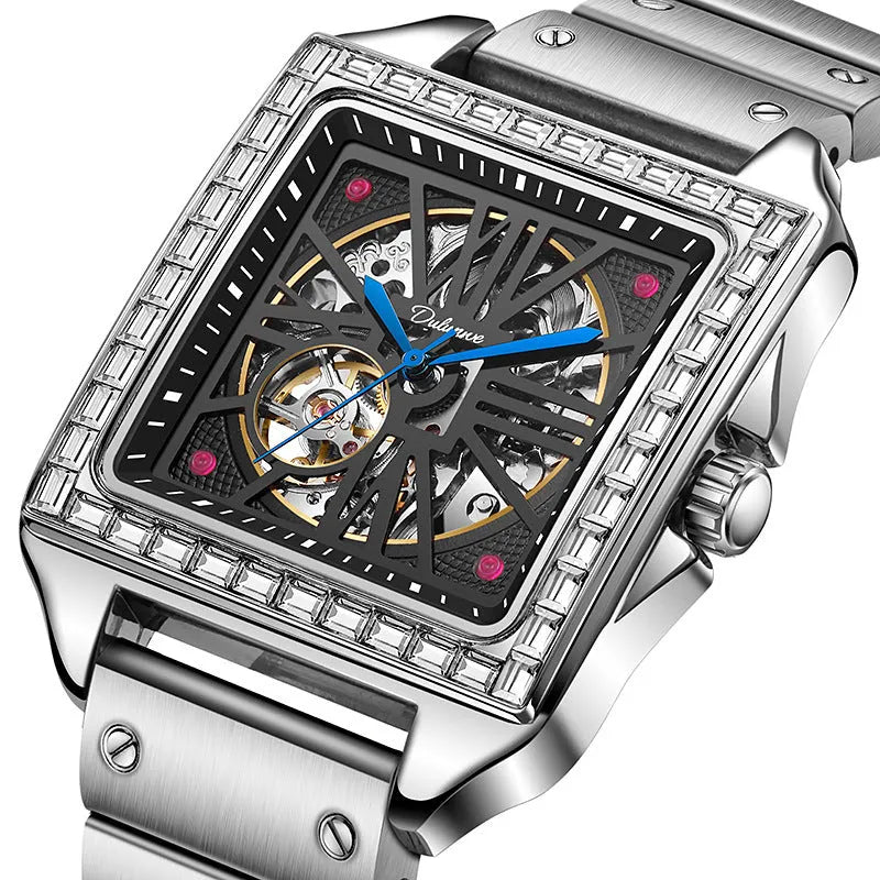 Square diamond-studded automatic watch for men with stainless steel belt