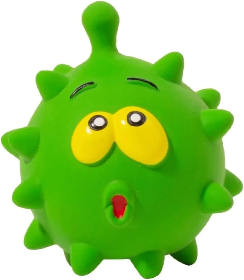Set of four coloured natural latex squeaky dog balls with cute faces and textured surfaces