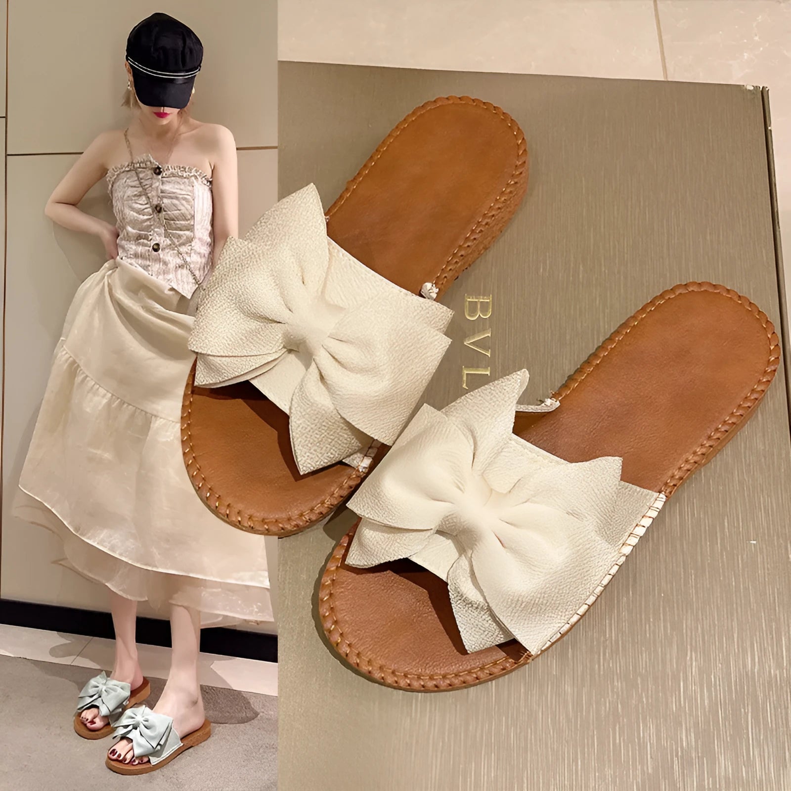 Women's slip-on suede sandals with bow detail, flat heel, rubber sole – beige colour option