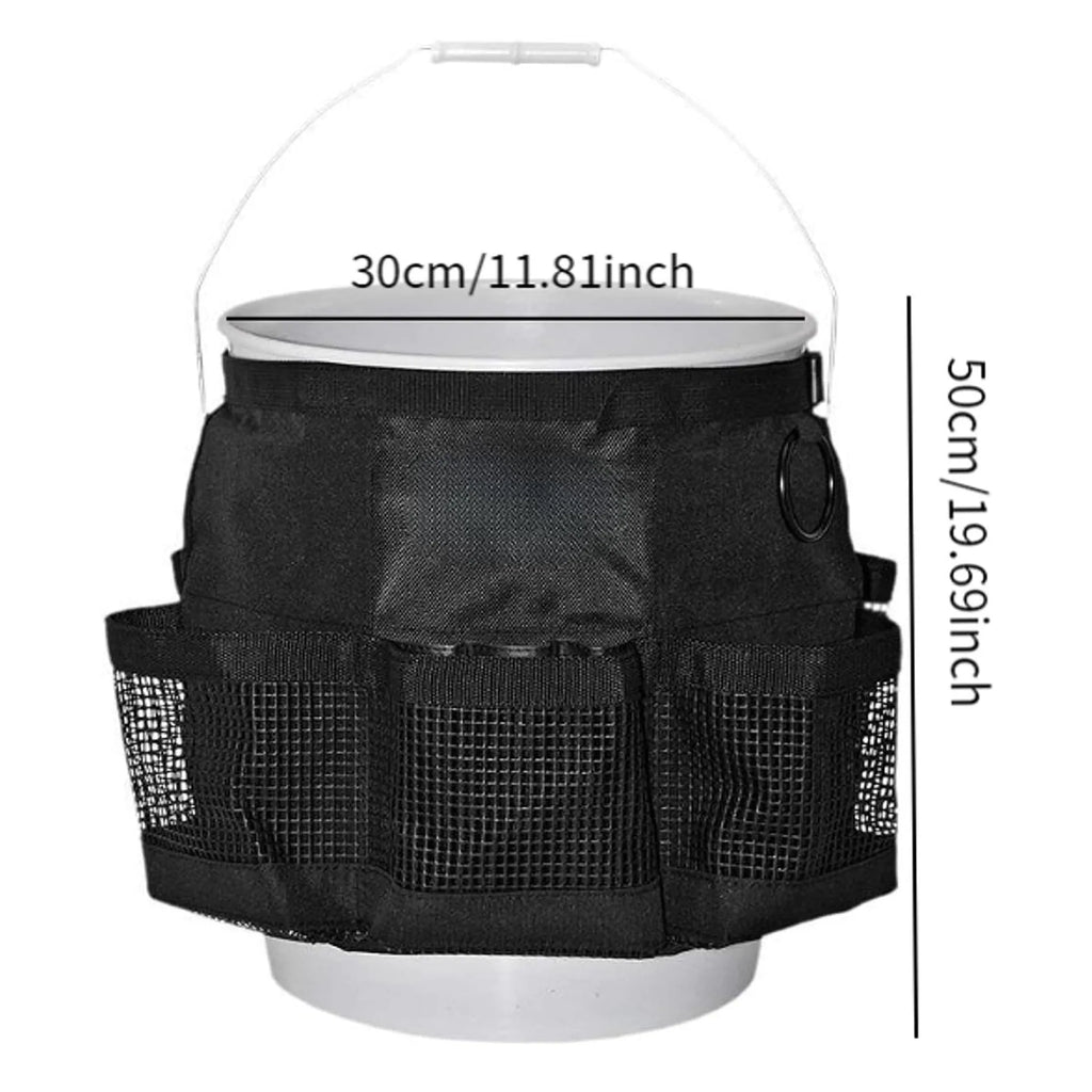 Black cylindrical polyester hanging storage bag with straps, designed to fit a 5 gallon barrel.
