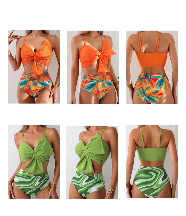 Women's big bow bikini print swim trunks set in orange, nylon fabric, matching top and bottom