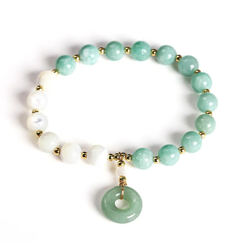 Natural horseshoe screw Burma jade safety buckle bracelet with 8mm blue beads and copper setting for women