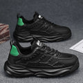 Men's white and black breathable mesh shoes with round toe design showing PU mesh upper construction