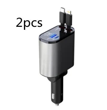 Metal car charger 100W with retractable cable and adjustable head on black background