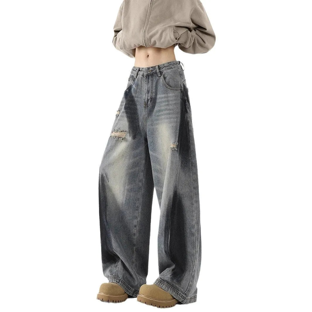 Men's blue American-style splash-ink ripped machete loose fit jeans with cotton fabric and mid waist
