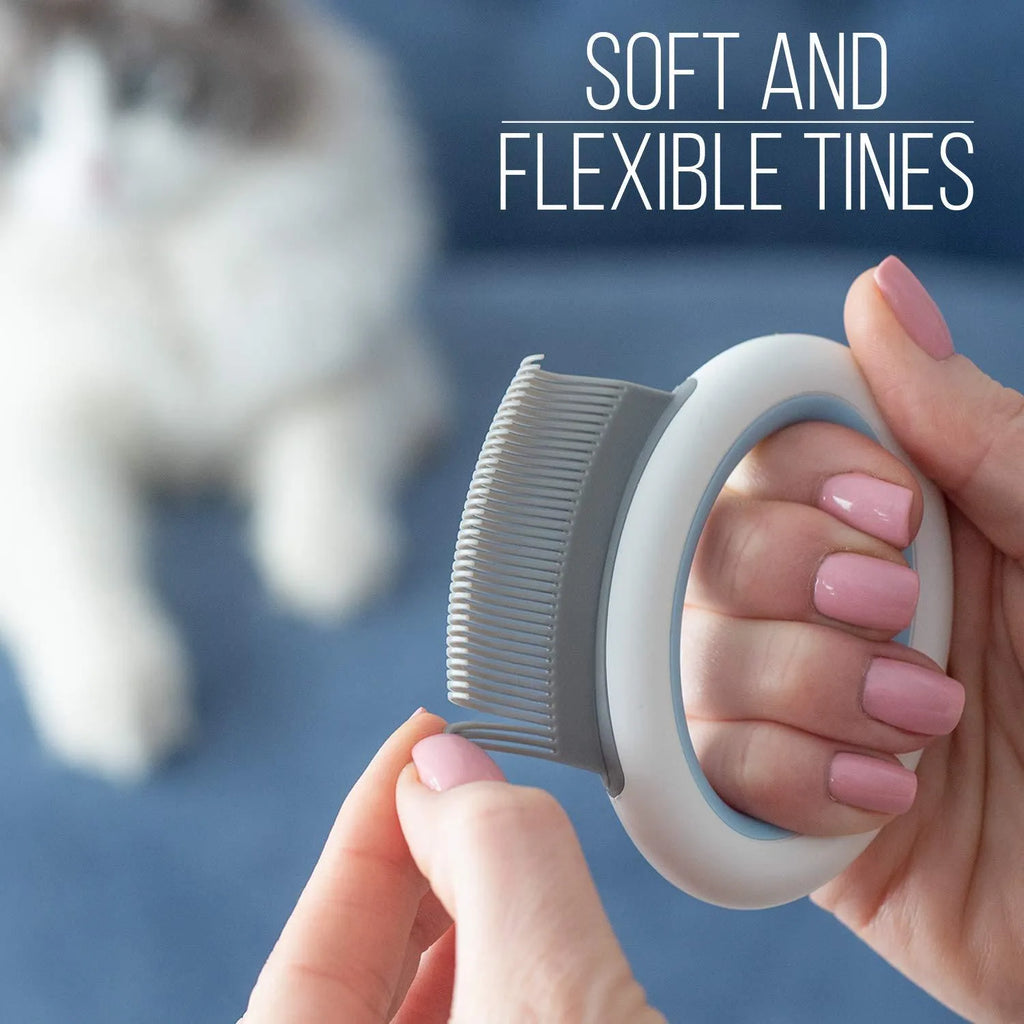 Blue plastic pet grooming comb for deshedding and dematting cat and dog hair.