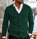 Men's slim fit acrylic cardigan in light grey, shown on a hanger.