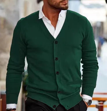 Men's slim fit acrylic cardigan in light grey, shown on a hanger.