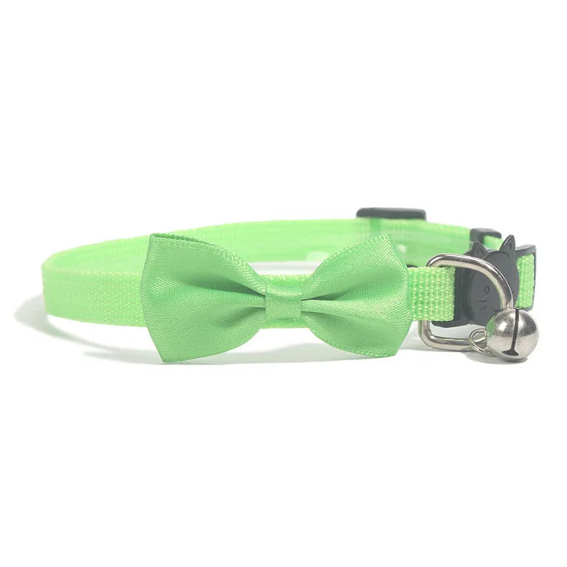 Adjustable nylon cat collar with bell decoration in multi-colour striped design