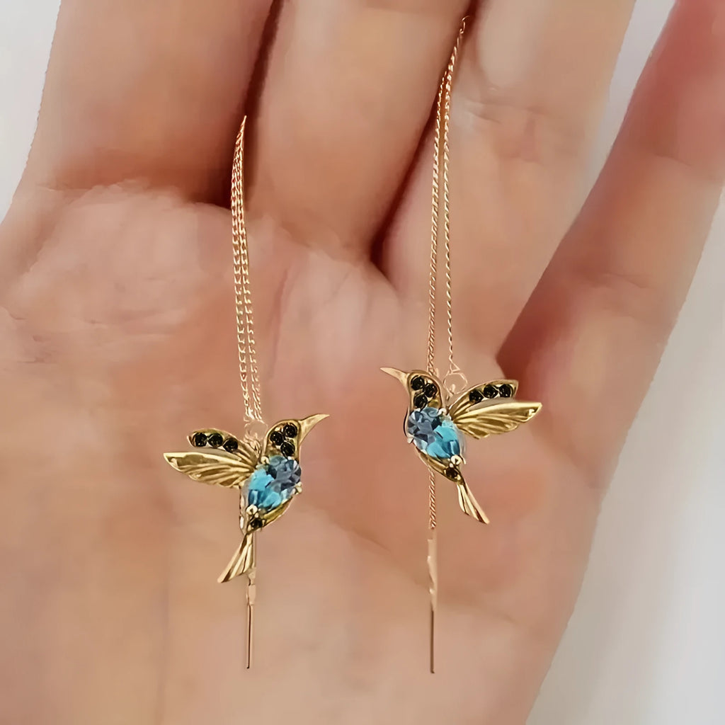 Women's bird hanging personalised alloy earrings with mixed zirconium wings in blue, red, and red lvzuan colour options