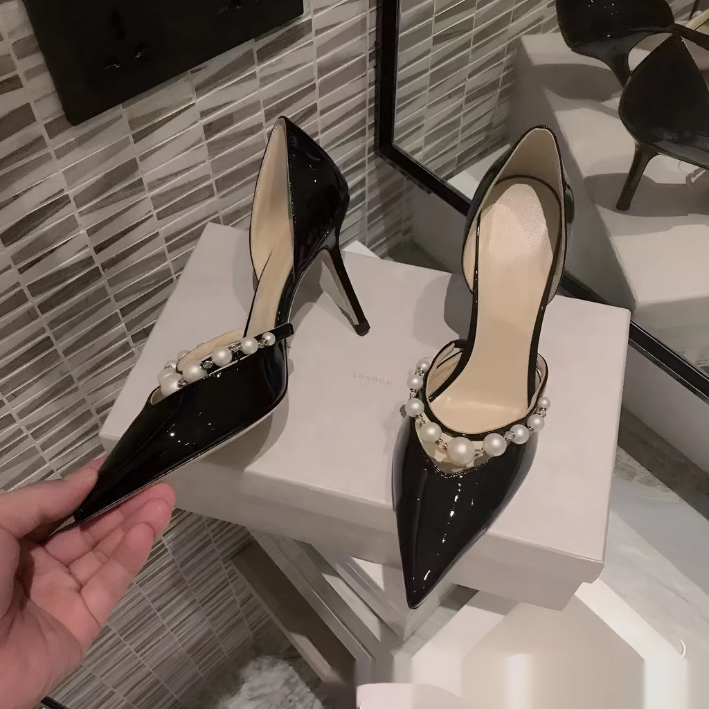 Women's pointed patent leather stiletto high heels with pearl accent, microfiber upper, sheepskin lining, available in nude black white sizes 34-40