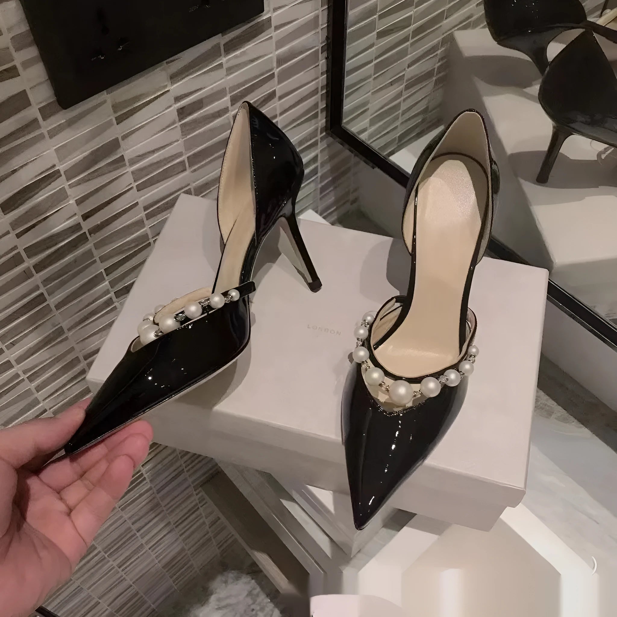 Women's pointed patent leather stiletto high heels with pearl accent, microfiber upper, sheepskin lining, available in nude black white sizes 34-40