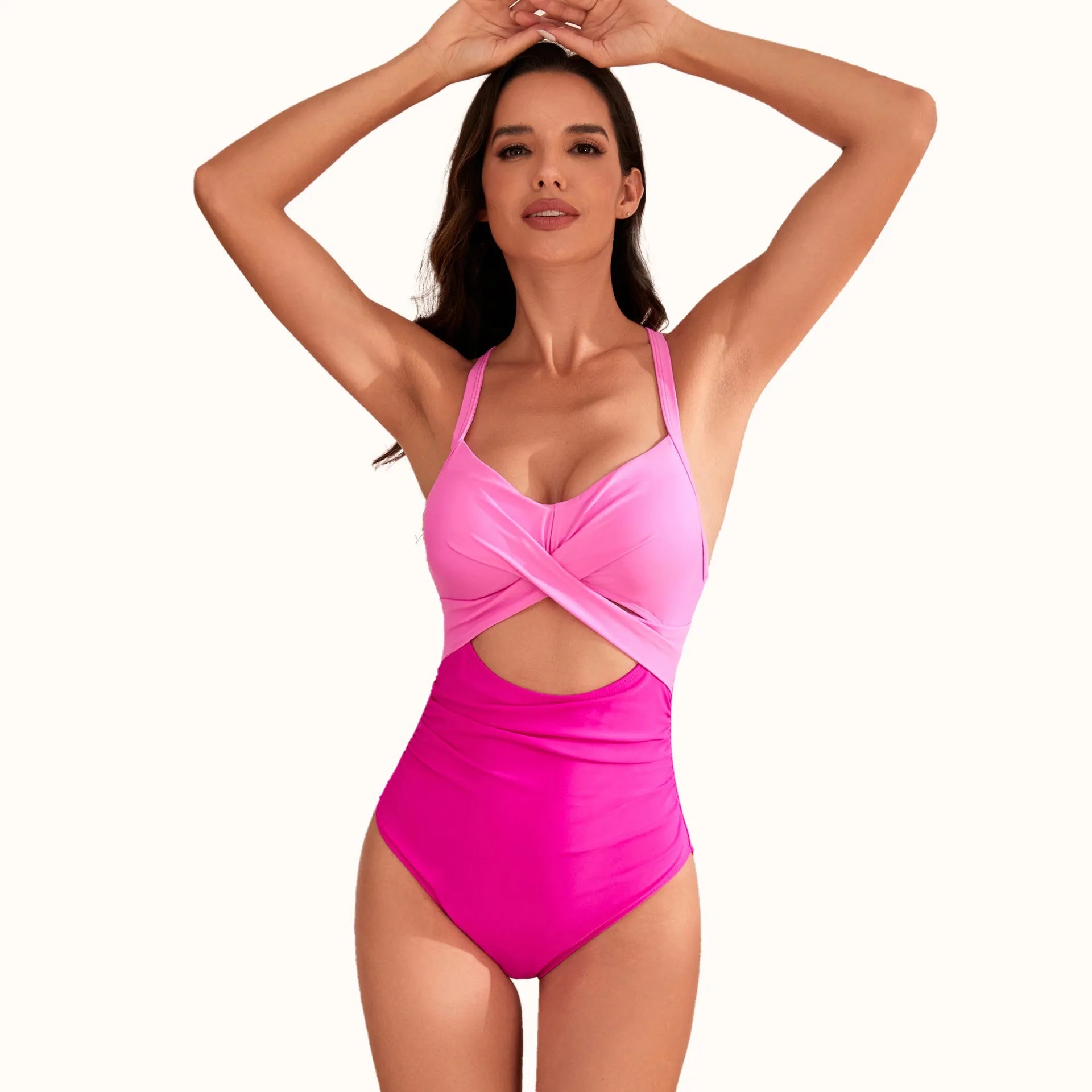 Solid colour high-waist one-piece swimsuit for women in black with spandex lining