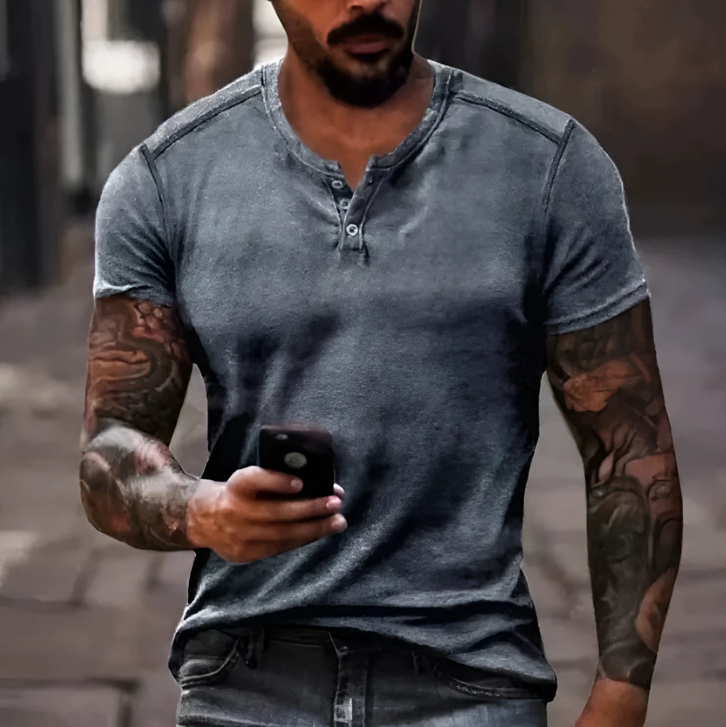 Men's sport t-shirt in polyester bird eye cloth with short sleeves and simple lapel button detail