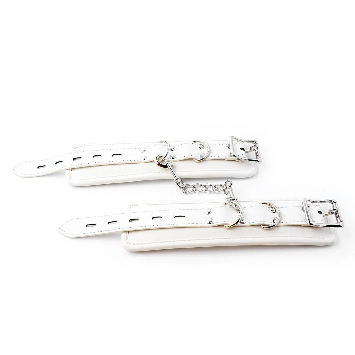 White PU sponge bondage ankle cuff and handcuff set with matching neck scarf on plain background