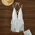 White deep V-neck one-piece swimsuit with front tassel decoration